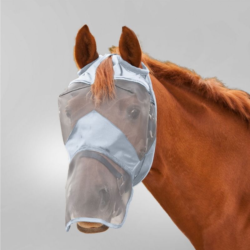 Masque intégral anti mouche anti uv cheval sans oreilles Premium gris argent - Le Paturon
