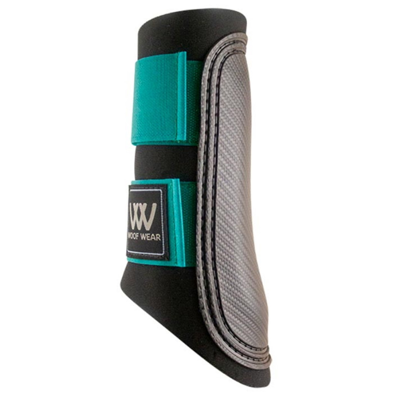 Guêtres cheval néoprène Club Brushing Boot Woof Wear noir velcro turquoise - Le Paturon