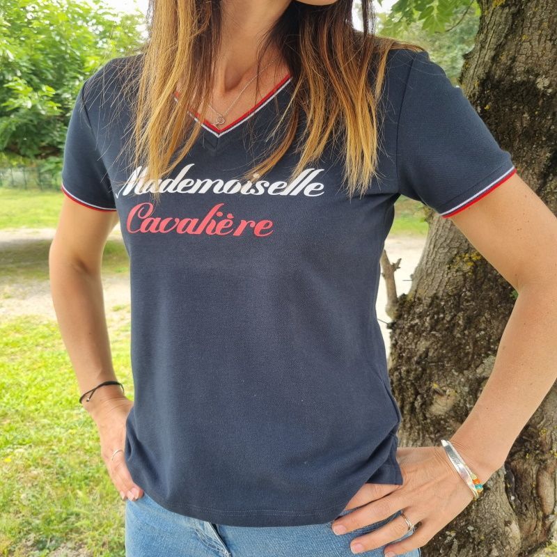 T-shirt équitation femme France Mademoiselle Cavalière marine - Le Paturon