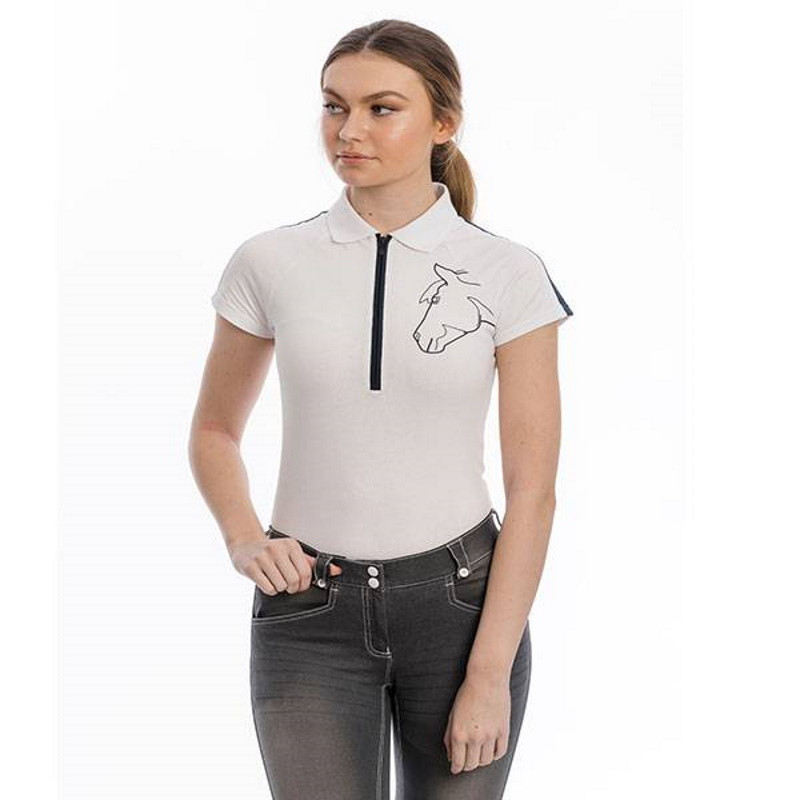 Polo équitation femme coton zip Flamboro Horseware blanc marine - Le Paturon