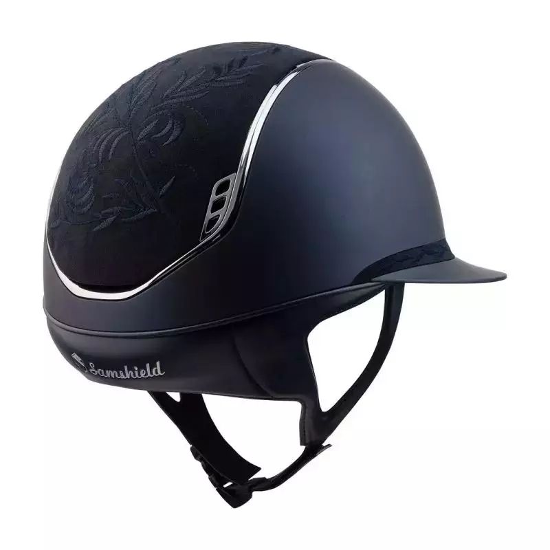 Casque équitation Miss Shield Shadowmatt 2.0 top et frontal Flower brodé blason Crystal Samshield marine - Le Paturon