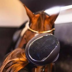 Casque équitation Miss Shield Shadowmatt 2.0 top et frontal Flower brodé blason Crystal Samshield marine - Le Paturon