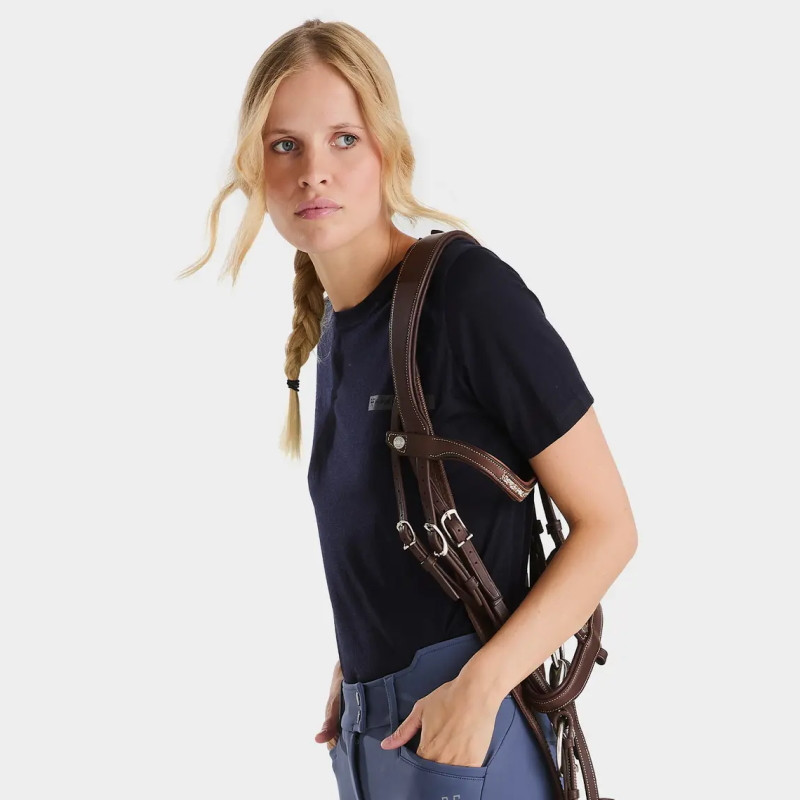 T-shirt équitation femme en laine de Mérinos Horse Pilot bleu nuit - Le Paturon