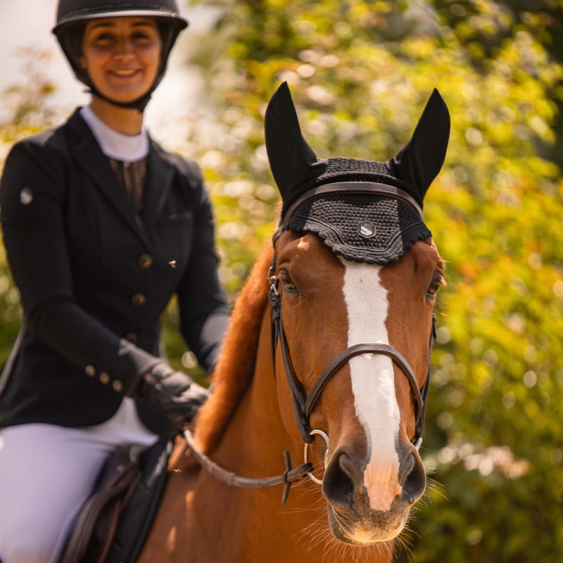 Bonnet anti-mouches cheval Swarovski Flyshield Samshield noir - Le paturon