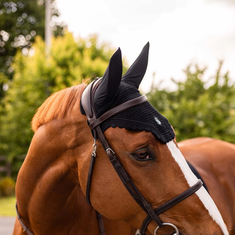 Bonnet anti-mouches cheval Swarovski Flyshield Samshield noir - Le paturon