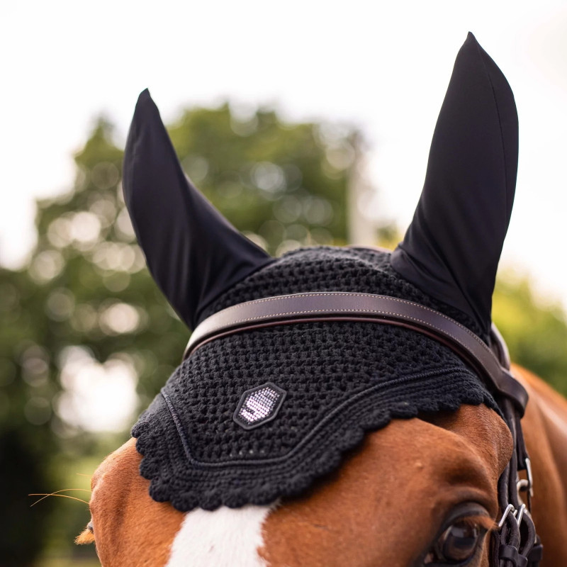 Bonnet anti-mouches cheval Swarovski Flyshield Samshield noir - Le paturon